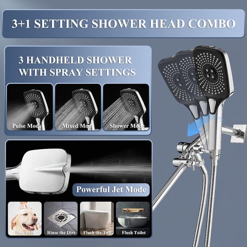 Jcrob 12 Inch Rain Shower Head with Handheld Spray Combo and Extention Arm, High Pressure Rainfall Waterfall Shower Heads, Dual Showerhead with 3-Way Diverter - Height/Angle Adjustable(Chrome) - Image 5